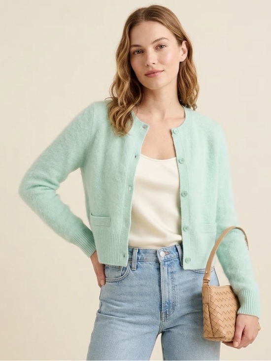 Sweaters - J.Crew Women's Brushed 100% Cashmere Cropped Cardigan Fuzzy Mint Green Sz S